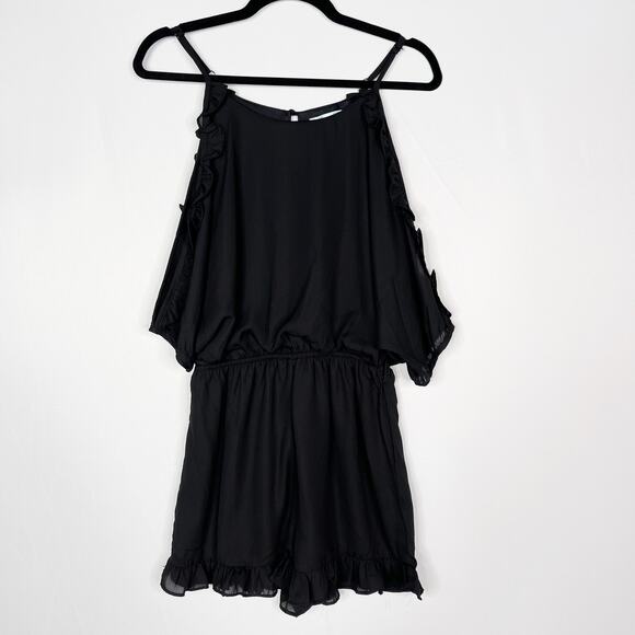 She + Sky Small S Black Ruffled Cold Shoulder Romper Scoop Neck Keyhole - Picture 1 of 10